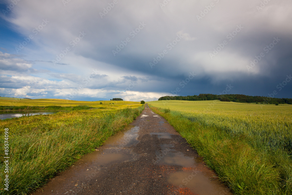 Empty road and landscape after heavy storm