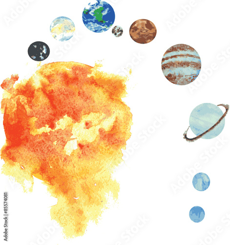 all the planets of the solar system , hand -drawn watercolor - S