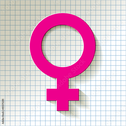 Female icon - Venus vector symbol with shadow pink  on a checkered pattern background