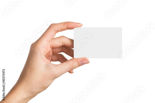 Hand holding blank business card photo