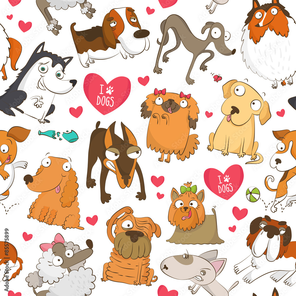 Fototapeta premium Adorable seamless pattern with dogs and hearts