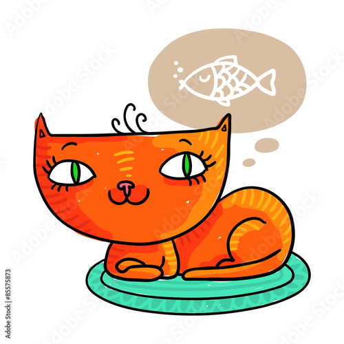 Red cat dreaming of a fish, isolated on white