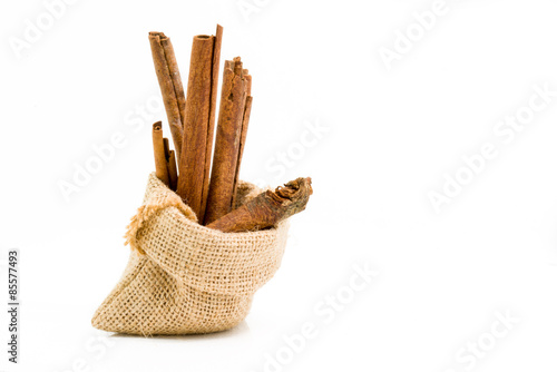 Cinnamon sticks in sack bag,