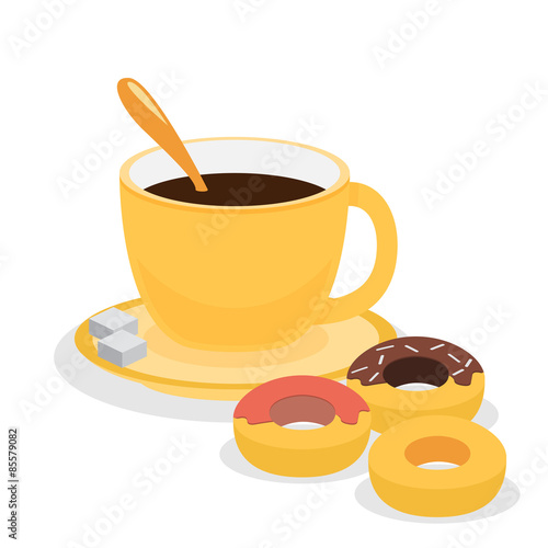 Donuts with coffee. Flat vector