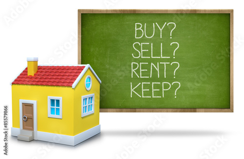 Buy vs rent vs sell vs keep on Blackboard with 3d house