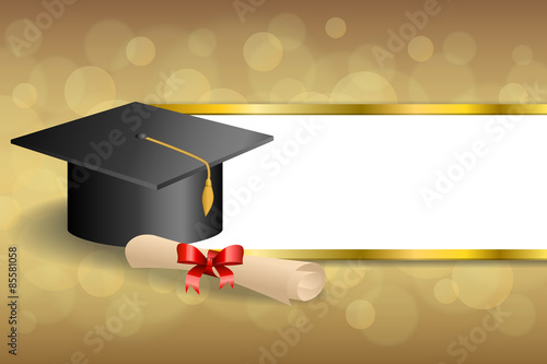 Beige education graduation cap diploma red bow gold stripes frame 