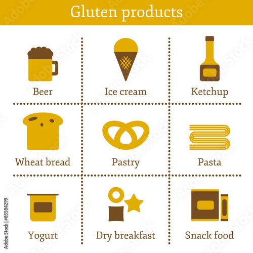 Set of icons with allergic gluten products: bread, pastry, pasta