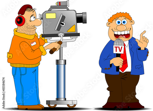 fun cameraman shoots in red headphones TV report