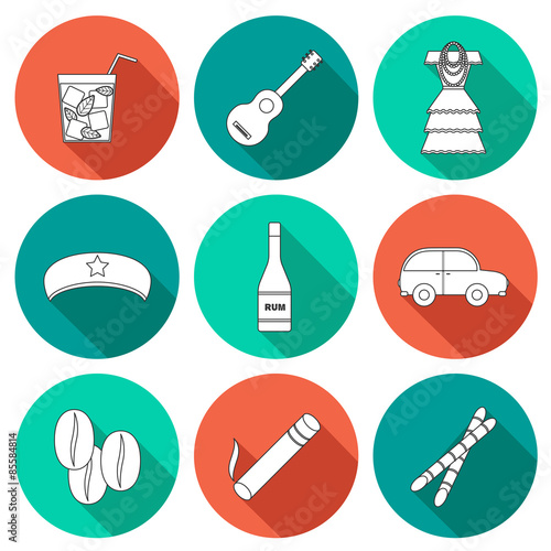 Set of flat outline icons with shadows on Cuba theme 