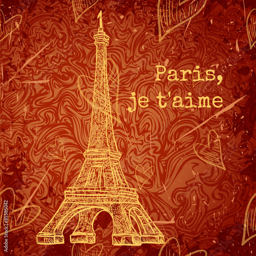 Wallpaper Mural Vintage poster with Eiffel Tower on the grunge background. Retro hand drawn vector illustration in sketch style ' I love Paris' Torontodigital.ca