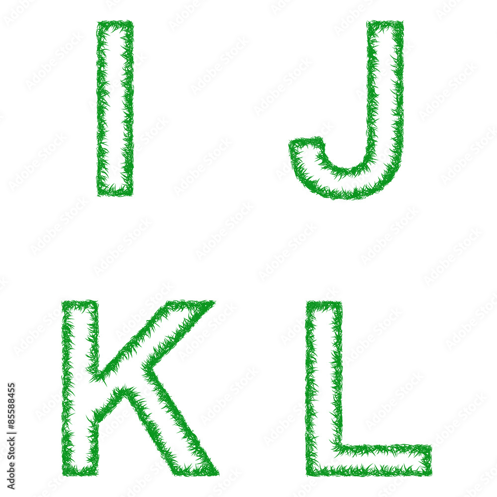 Green grass font design set - letters I, J, K, L