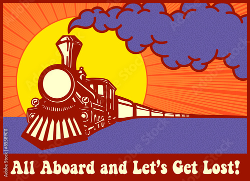 All aboard and let's get lost! Retro puffing steam train engine at sunset, express train