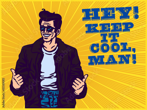 Stay cool! Dude in leather jacket and rockabilly pompadour hairstyle making thumbs up gesture, cool guy, stylish vintage man