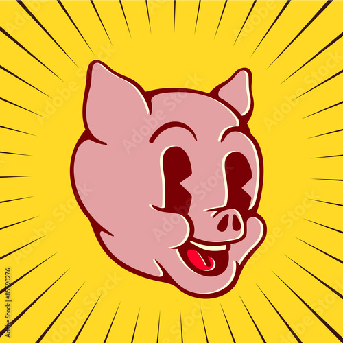 Vintage toons: retro cartoon pig character face, happy smiling piglet pork swine
