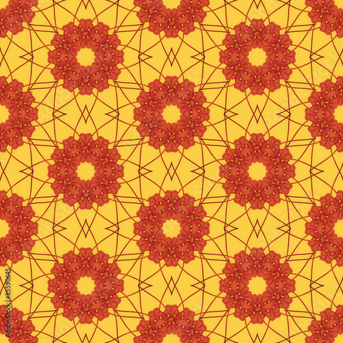 Print Seamless Pattern. Red Mandala Flowers with Yellow background.