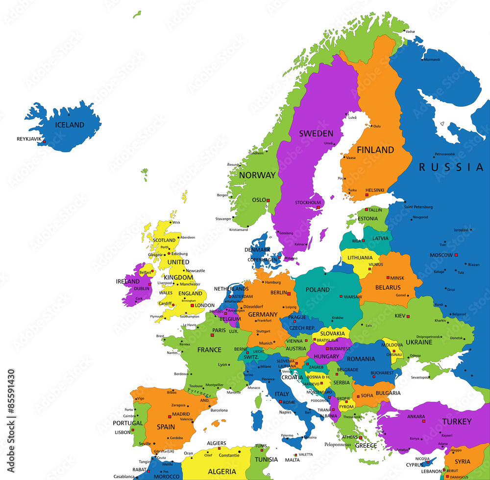 Colorful Europe political map with clearly labeled, separated layers ...