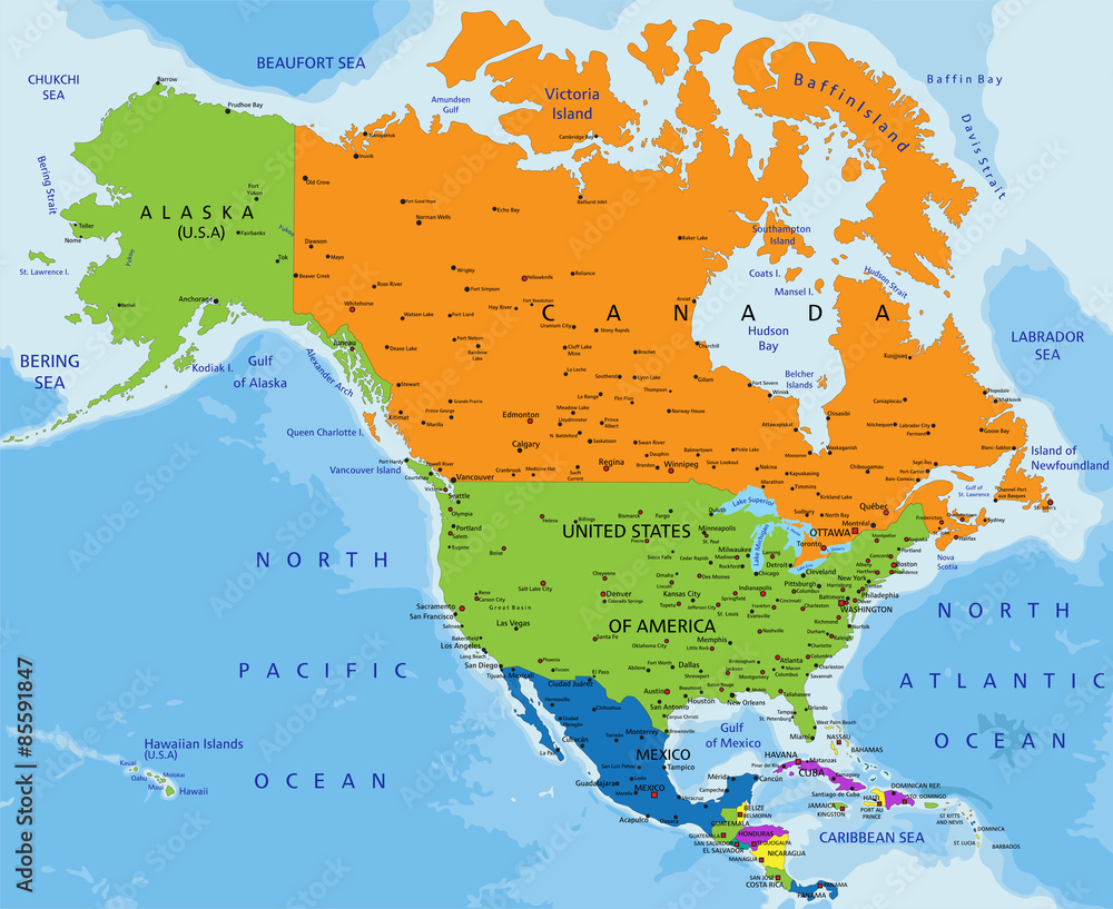 Colorful North America Political Map With Clearly Labeled Separated
