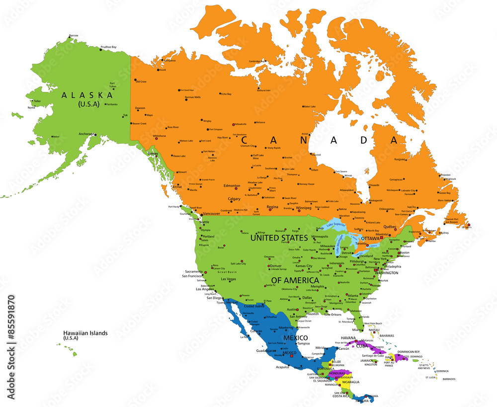 Colorful North America political map with clearly labeled