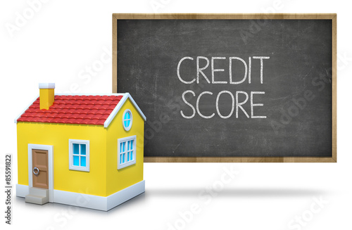Credit score text on blackboard with 3d house