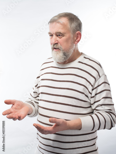 old man with a beard that it tells, gestures