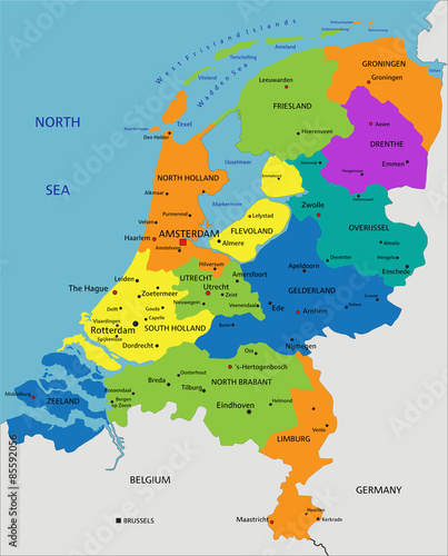 Colorful Netherlands political map with clearly labeled, separated layers. Vector illustration.