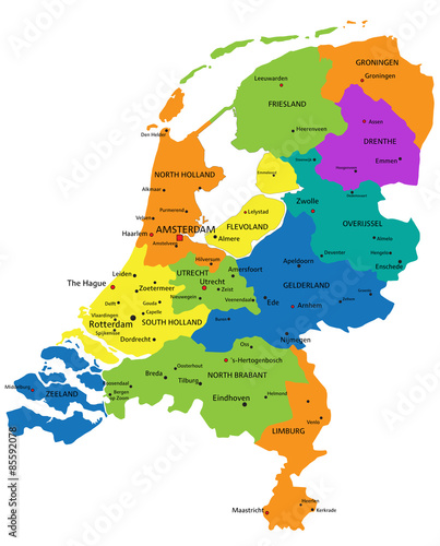 Colorful Netherlands political map with clearly labeled, separated layers. Vector illustration.