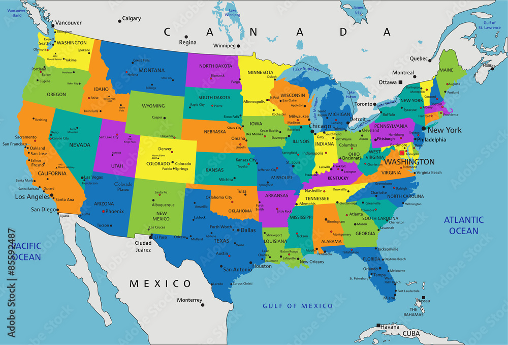 Colorful United States of America political map with clearly labeled ...