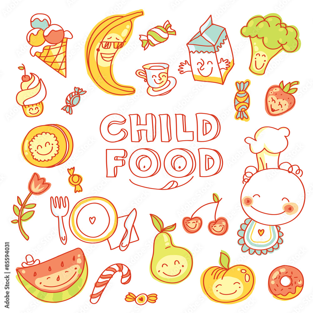 Child and baby food, kids menu with colorful smiling fruits, vegetables, sweets, cookies