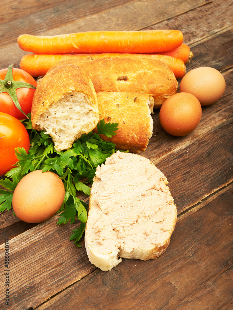 Bread, eggs, parsley, carrots and sandwich Bread, eggs, parsley, carrots and sandwich