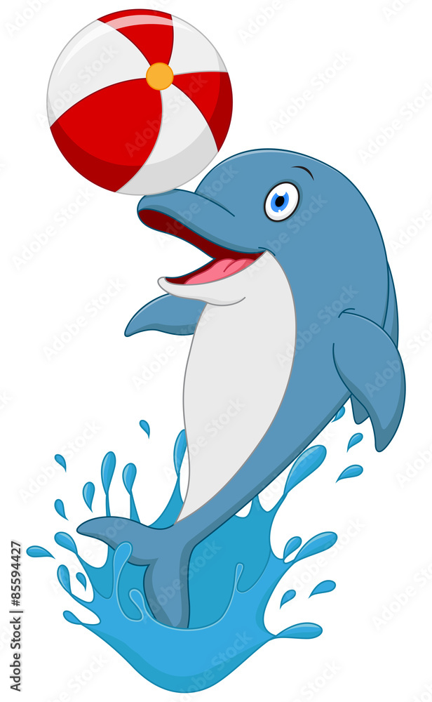 Fototapeta premium Happy dolphin cartoon playing ball
