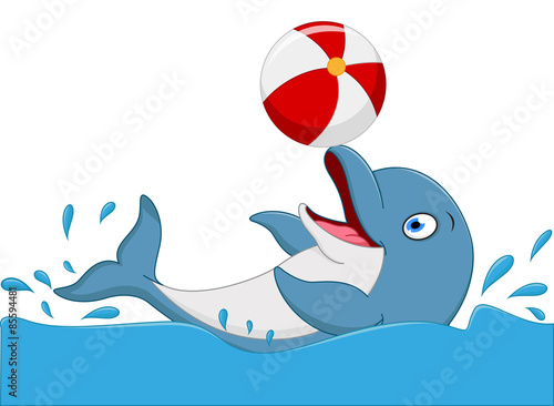 Happy dolphin cartoon playing ball