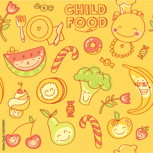 Child and baby food, kids menu with colorful smiling fruits, vegetables, sweets, cookies