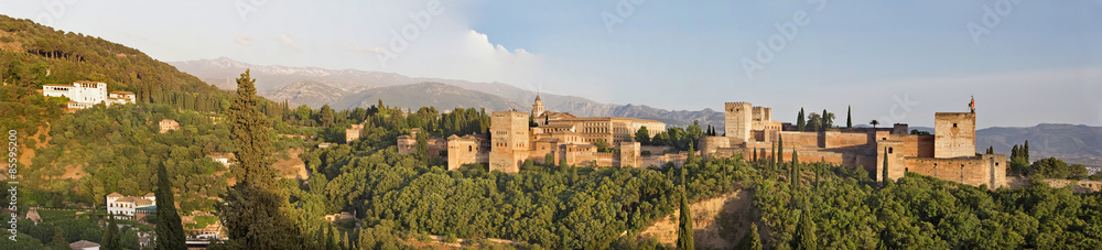 Granada - panorama of Alhambra palace and fortness complex.