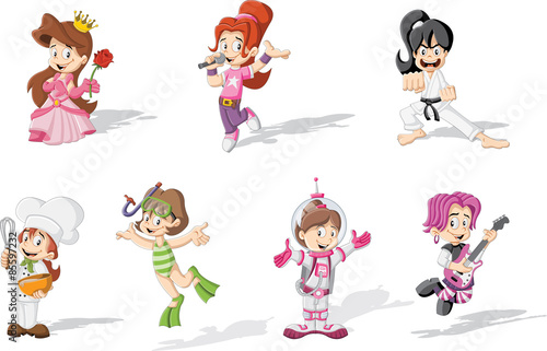 Group of cartoon girls wearing different costumes