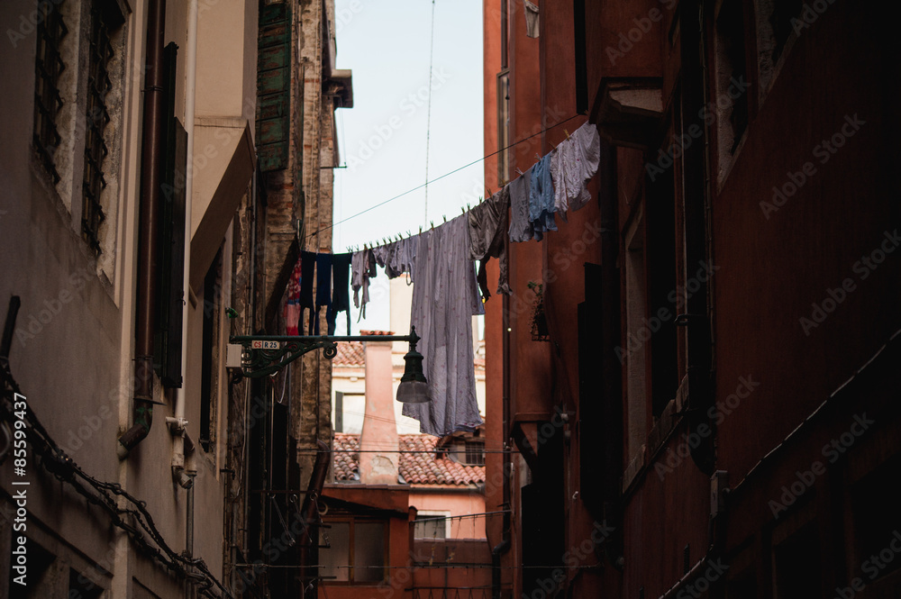 Laundry drying on street of Venice, Italy