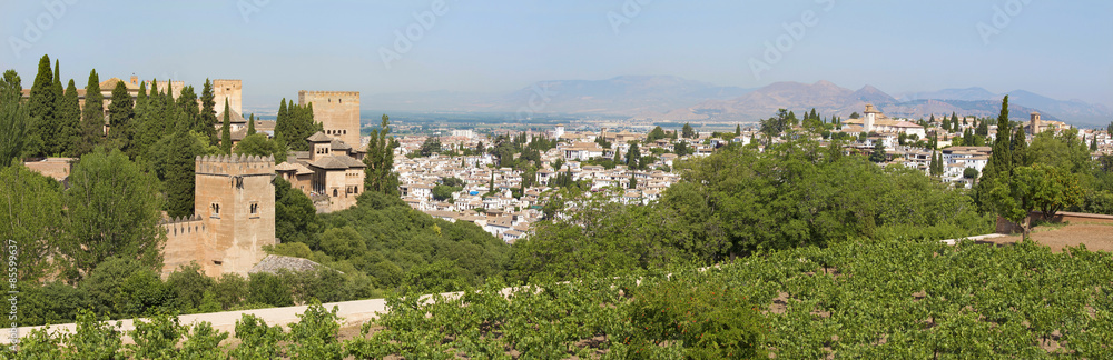 Granada - panorama of Alhambra and town from Generalife gardens.