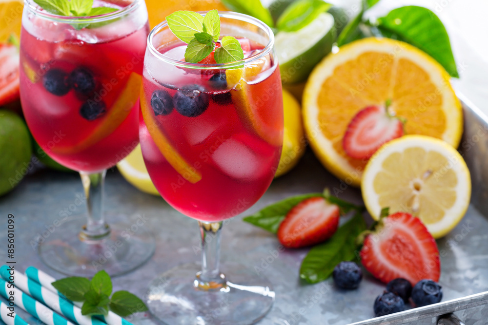 Ice cold red sangria with citrus fruits Ice cold red sangria with citrus fruits