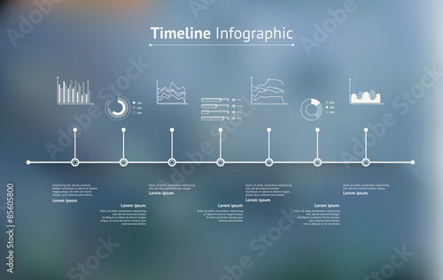 Timeline infographic with unfocused background and icons set. World map photo