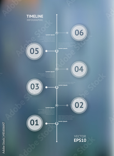 Timeline infographic with unfocused background and icons set. World map