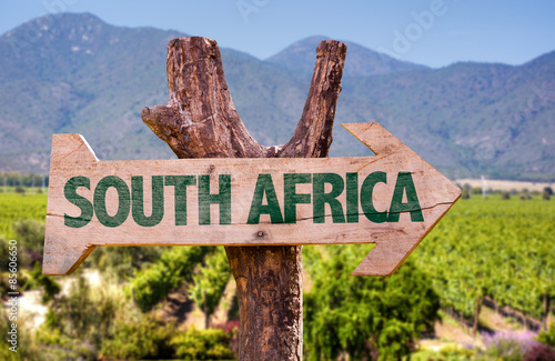 South Africa wooden sign with vineyard background