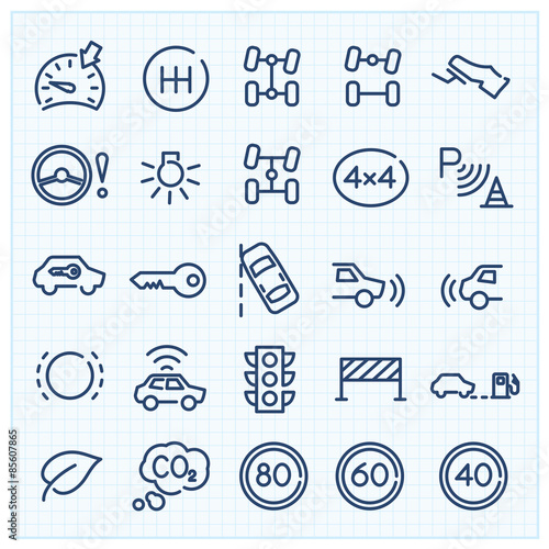 Car interface thin line icons set