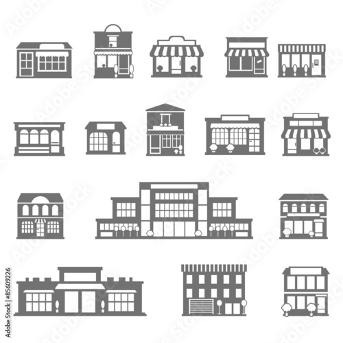 Stores and malls black white icons set