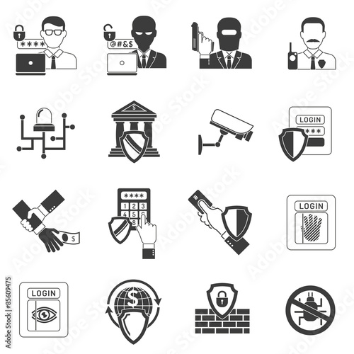 Bank security black icons set