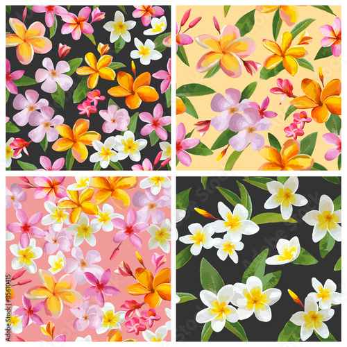 Set of Tropical Flowers Background - Vintage Seamless Pattern