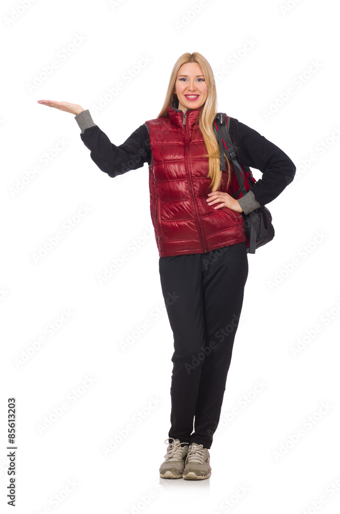 Young woman student with backpack isolated on white Young woman student with backpack isolated on white