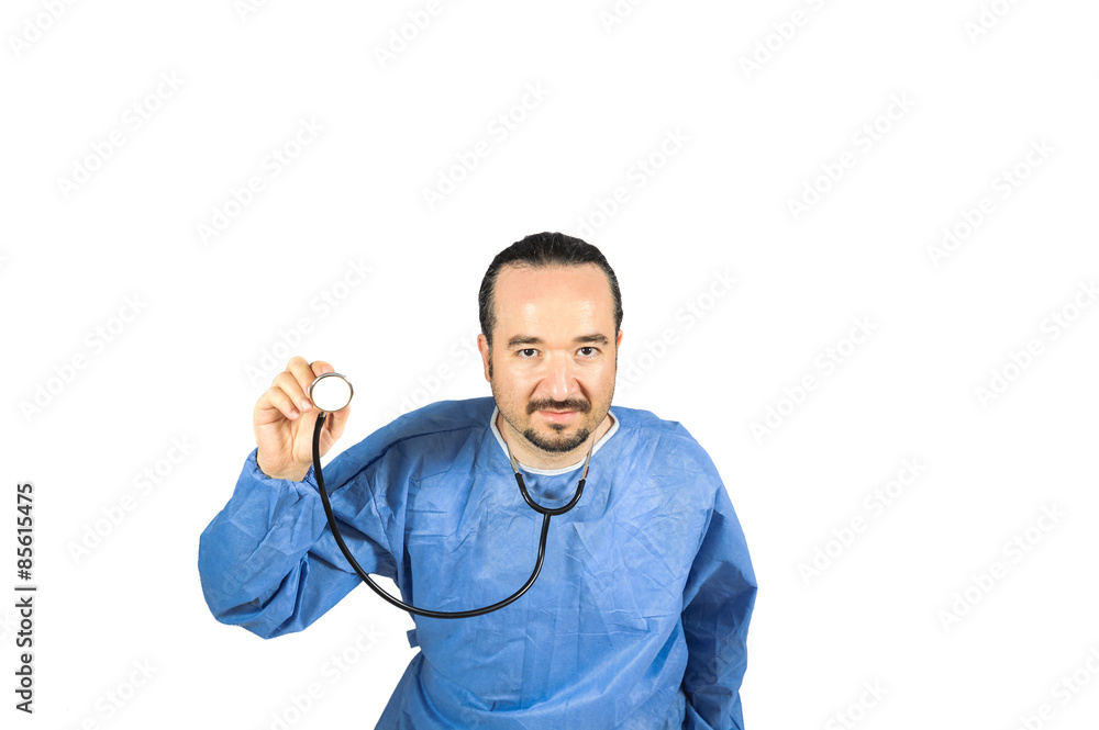 Surgeon with stethoscope portrait isolated on white Surgeon with stethoscope portrait isolated on white