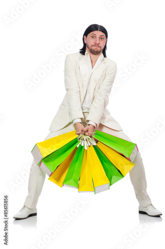 Man with shopping bags isolated on white