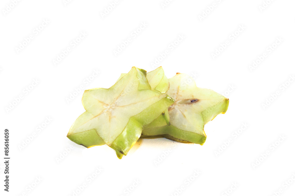 Three green carambolas, isolated on white background Three green carambolas, isolated on white background