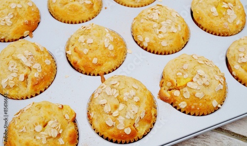 Homemade peach oatmeal muffins in the pan