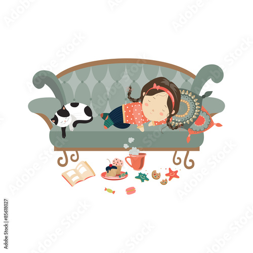 Lazy sleeping girl with cat